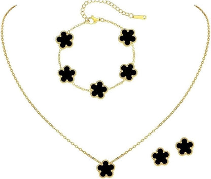 Generic 3 PCS Lucky Clover Necklace Set, 18K-Gold Plated Trendy Lucky Clover Bracelet, Necklace, Earrings Jewelry Set,Gifts for Mom, Wife, Daughter，Friends, Black