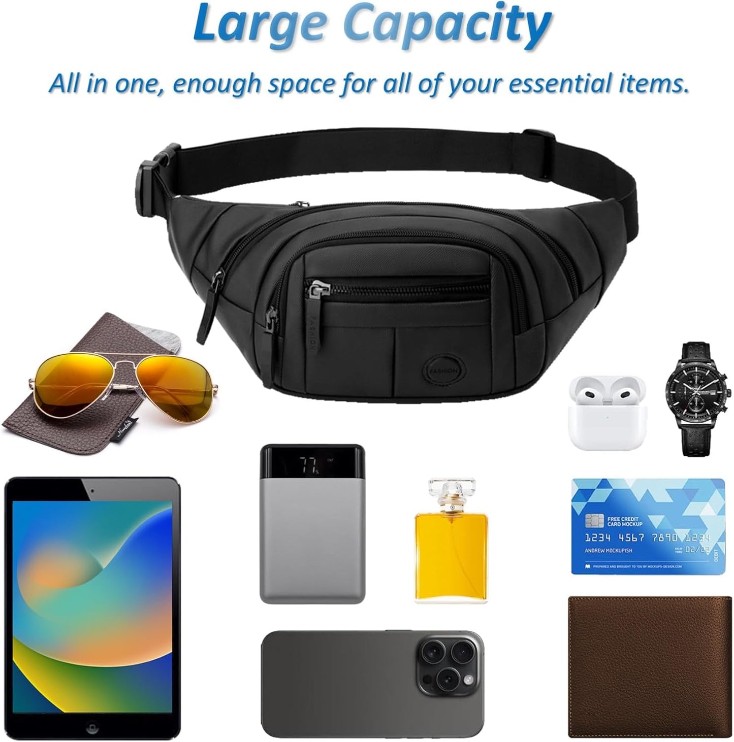 Fanny pack packed with phone, keys and personal items for travel