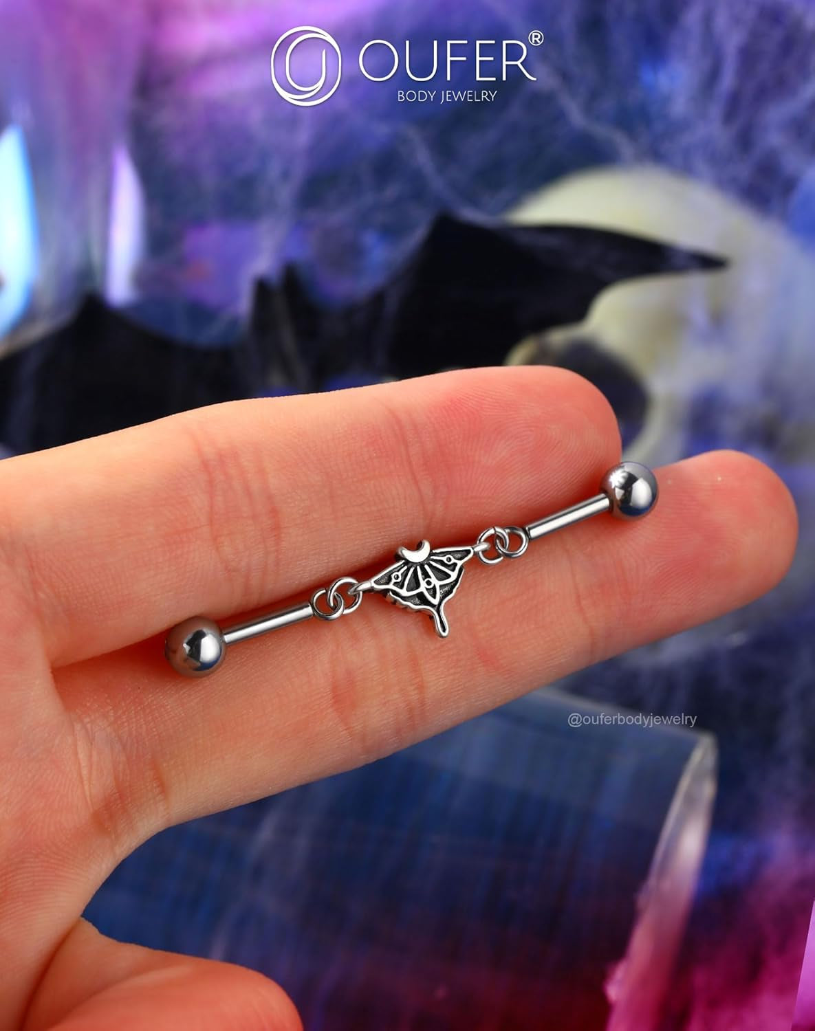 OUFER Moth Industrial Piercing Jewelry, Chain Industrial Bar, 316L Surgical Steel 14G Industrial Earrings for Women Men, Hallween Industrial Jewelry