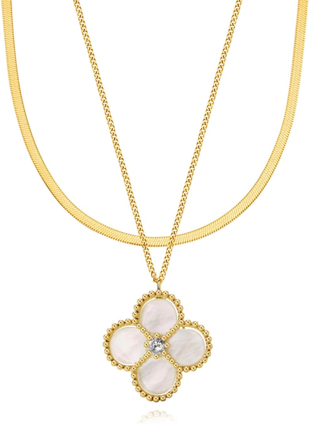 Layered Necklace for Women, 2 Strand Stainless Steel Chains with Clover, Butterfly or Heart Pendant, Dainty Fashion Jewelry Gift