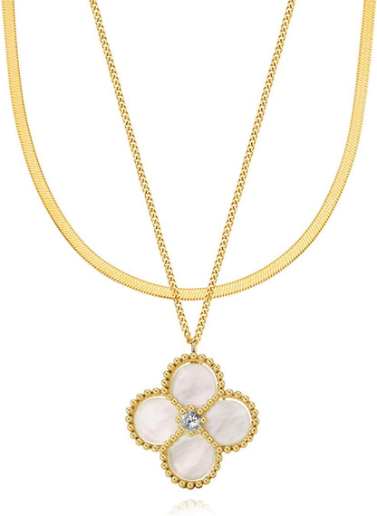 Layered Necklace for Women, 2 Strand Stainless Steel Chains with Clover, Butterfly or Heart Pendant, Dainty Fashion Jewelry Gift