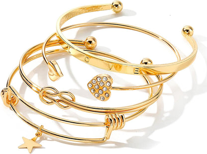 17IF Gold Bangle Bracelet for Women 14K Plated Multi Layer Cuff Bracelets Set Trendy Boho Textured Indian Punk Chunky Cable Smooth Bangles Elegance Stack Minimalist Jewelry Gift