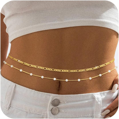 BERISO 14K Gold Plated Body Chain for Women - Sexy Waist Beads Chain, Adjustable Beach Body Jewelry, Elegant Bikini Belly Chain, Boho Festival Layered Body Jewelry (26.5-33 Inch)