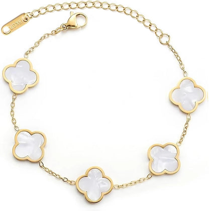 Double Sided 18K Gold Plated Clover Bracelet for Women, Dupe Four Leaf Flower Lucky Chain Bangle, Cute Jewelry Gift for Her Mom Wife