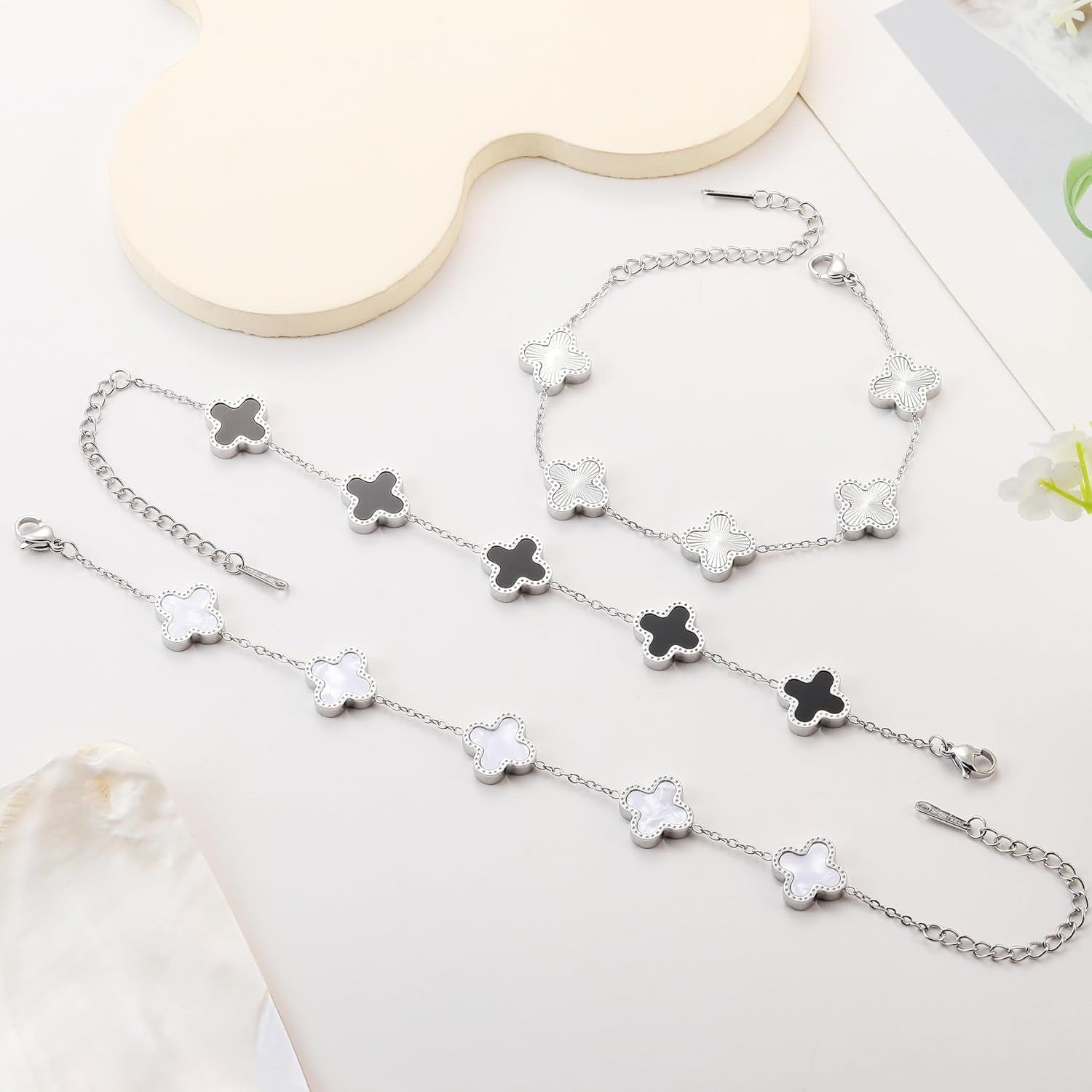 Silver Chain Bracelet Set Gold/White/Black Clover Bracelets for Women Four Leaf Lucky Bracelets Jewelry Gifts for Women 3Pcs