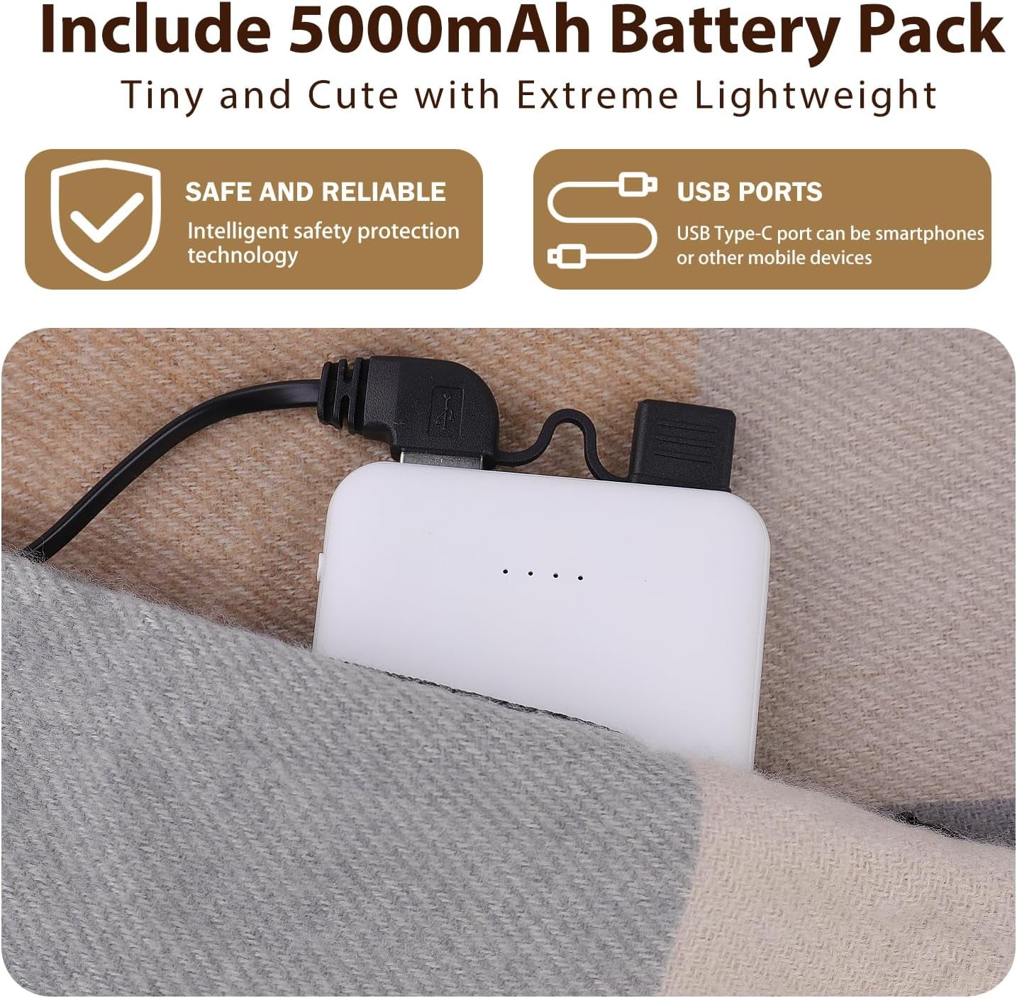 EN'DA Professional Heated Scarf for Women Rechargeable with Battery, 3 Levels Temperatures Control Winter Electric Scarf Khaki Plaid Design for Cold Weather