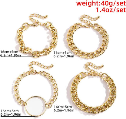JWICOS Gold Chunky Chain Bracelet for Women Charm Boho Bracelet for Women Flat Cable Chunky Chain Bangle with Circle Set of 4