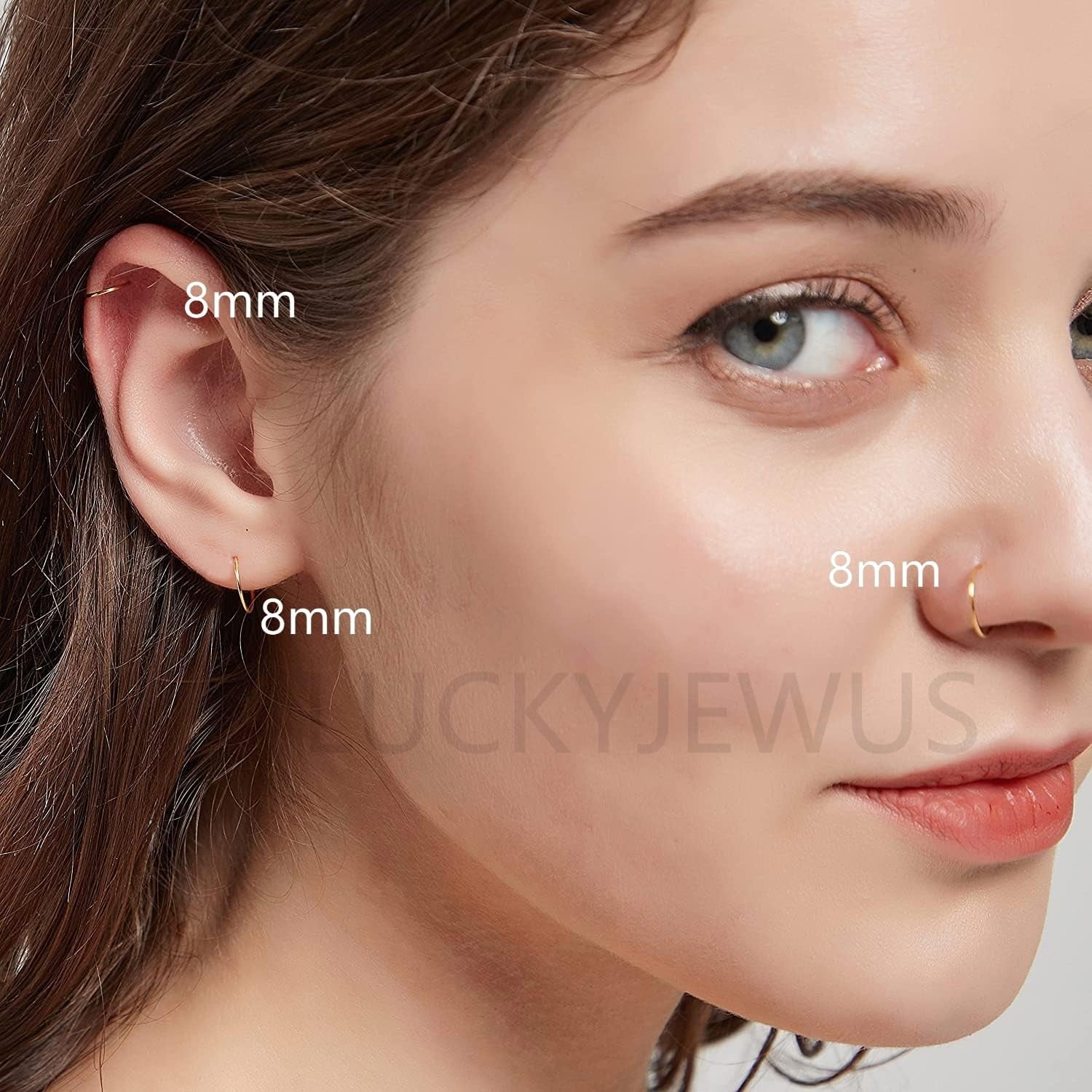 LUCKYJEWUS 14K Gold Nose Rings Hoops for Women 22 Gauge, Small Thin Nose Piercing Jewelry, 3Pcs 8Mm 22G