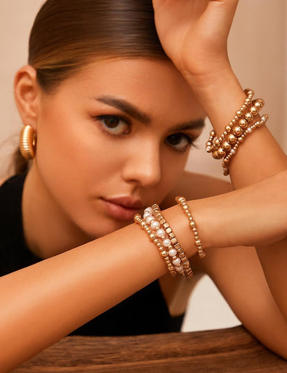 KISS WIFE Gold Bracelets for Women Gold Bracelet Stack Pearl Beaded Bracelets for Women Strand Bead Ball Stretchable Elastic Bracelet Set Adjustable Fashion Accessories Jewelry for Gifts
