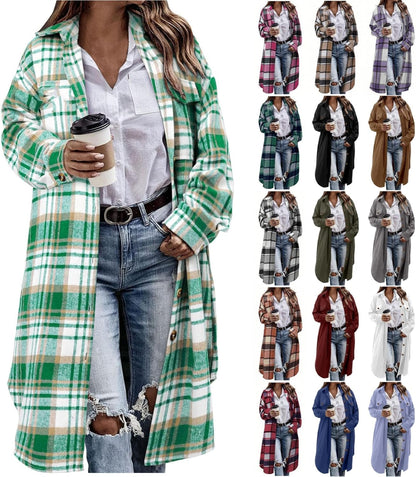 Flannel Shirt Women Plaid Jacket Womens Shacket Casual Lapel Button down Long Sleeve Trench Coat Warm Winter Jackets