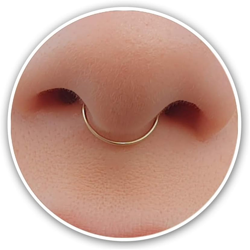 ALOME PIERCINGS Gold Fake Septum Ring - Thin Tiny 24 Gauge 8Mm Faux Septum Piercing Hoop - 14K Gold Filled Clip on Fake Septum Rings for Women - No Piercing Needed - Gift Ready