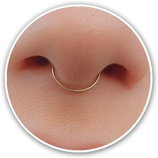 ALOME PIERCINGS Gold Fake Septum Ring - Thin Tiny 24 Gauge 8Mm Faux Septum Piercing Hoop - 14K Gold Filled Clip on Fake Septum Rings for Women - No Piercing Needed - Gift Ready