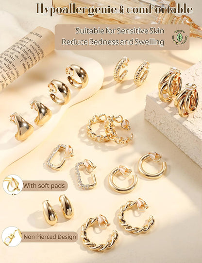 YADOCA 9 Pairs Gold Clip on Earrings for Women 14K Gold Plated Waterdrop Chunky Clip on Hoop Earrings No Piercing Fake Earrings Set