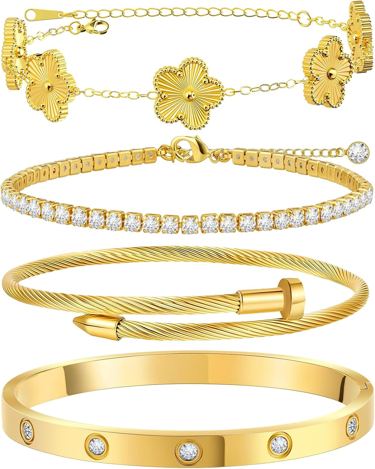 Gold Bracelets for Women, 18K Gold Plated Tennis Nail Clover Love Bangle Bracelets Set Non Tarnish, Stainless Steel Trendy Stackable Bracelet Fashion Jewelry Accessories Gifts for Christmas
