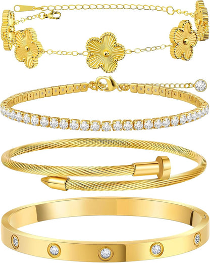 Gold Bracelets for Women, 18K Gold Plated Tennis Nail Clover Love Bangle Bracelets Set Non Tarnish, Stainless Steel Trendy Stackable Bracelet Fashion Jewelry Accessories Gifts for Christmas