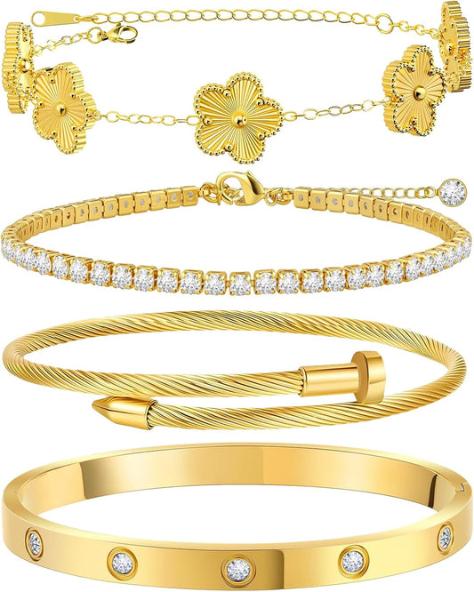 Gold Bracelets for Women, 18K Gold Plated Tennis Nail Clover Love Bangle Bracelets Set Non Tarnish, Stainless Steel Trendy Stackable Bracelet Fashion Jewelry Accessories Gifts for Christmas