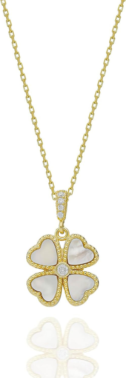 Four Leaf Clover Necklace, Gold-Plated Chain, Malachite Green Hearts, Crystal Center