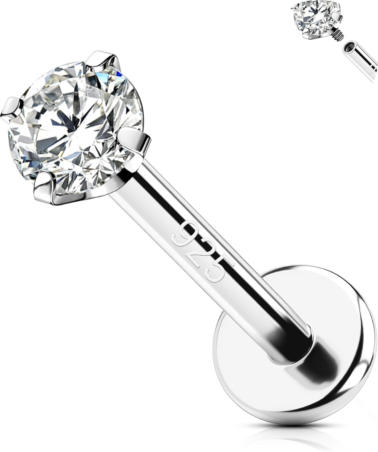 OUFER 925 Sterling Silver Flat Back Earrings, Clear CZ 16G Helix Piercing Jewelry, Silver Internally Threaded Cartilage Earrings Stud, Silver Lip Labret Rings for Women