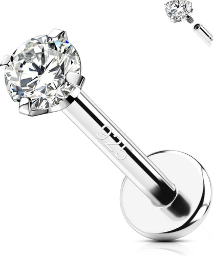 OUFER 925 Sterling Silver Flat Back Earrings, Clear CZ 16G Helix Piercing Jewelry, Silver Internally Threaded Cartilage Earrings Stud, Silver Lip Labret Rings for Women