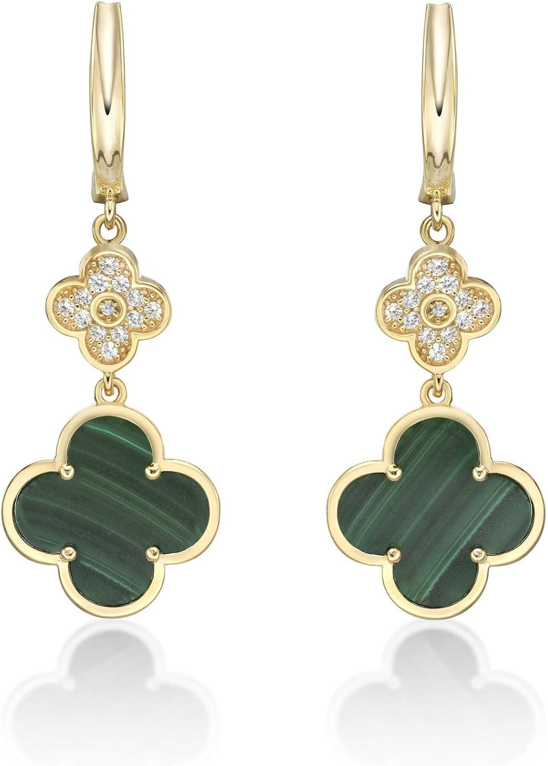 Lavari Jewelers Flower Dangle Drop Earrings for Women - Black Onyx Green Malachite or Mother of Pearl & Cubic Zirconia in 925 Sterling Silver Clover - Hypoallergenic Gold Plated - Secure Hinge Post