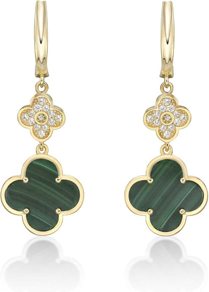 Lavari Jewelers Flower Dangle Drop Earrings for Women - Black Onyx Green Malachite or Mother of Pearl & Cubic Zirconia in 925 Sterling Silver Clover - Hypoallergenic Gold Plated - Secure Hinge Post