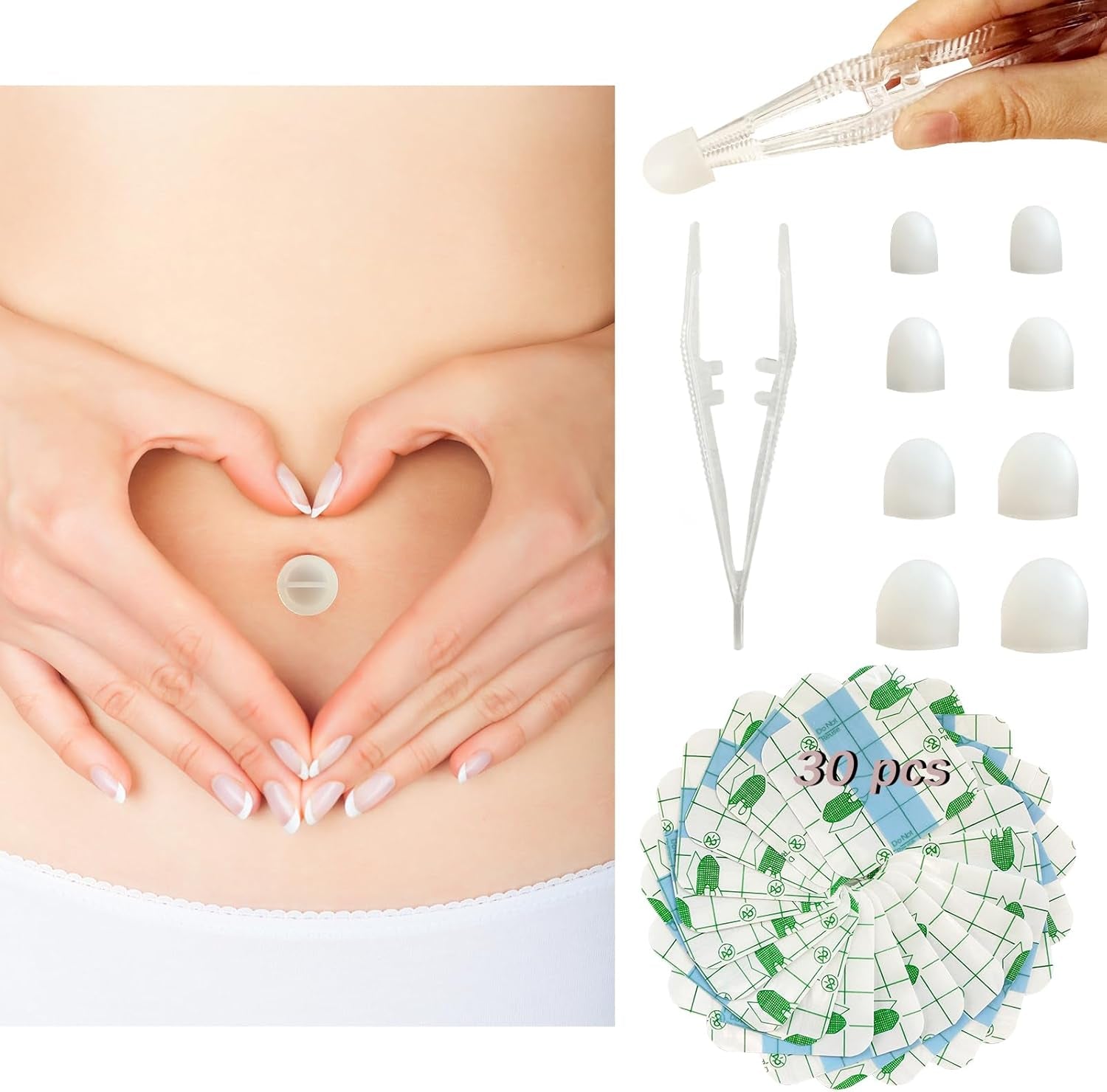 8 piece belly button plug post tummy tuck recovery set displayed