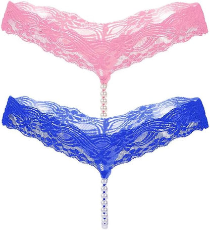 Lace thong panties with decorative pearl string design