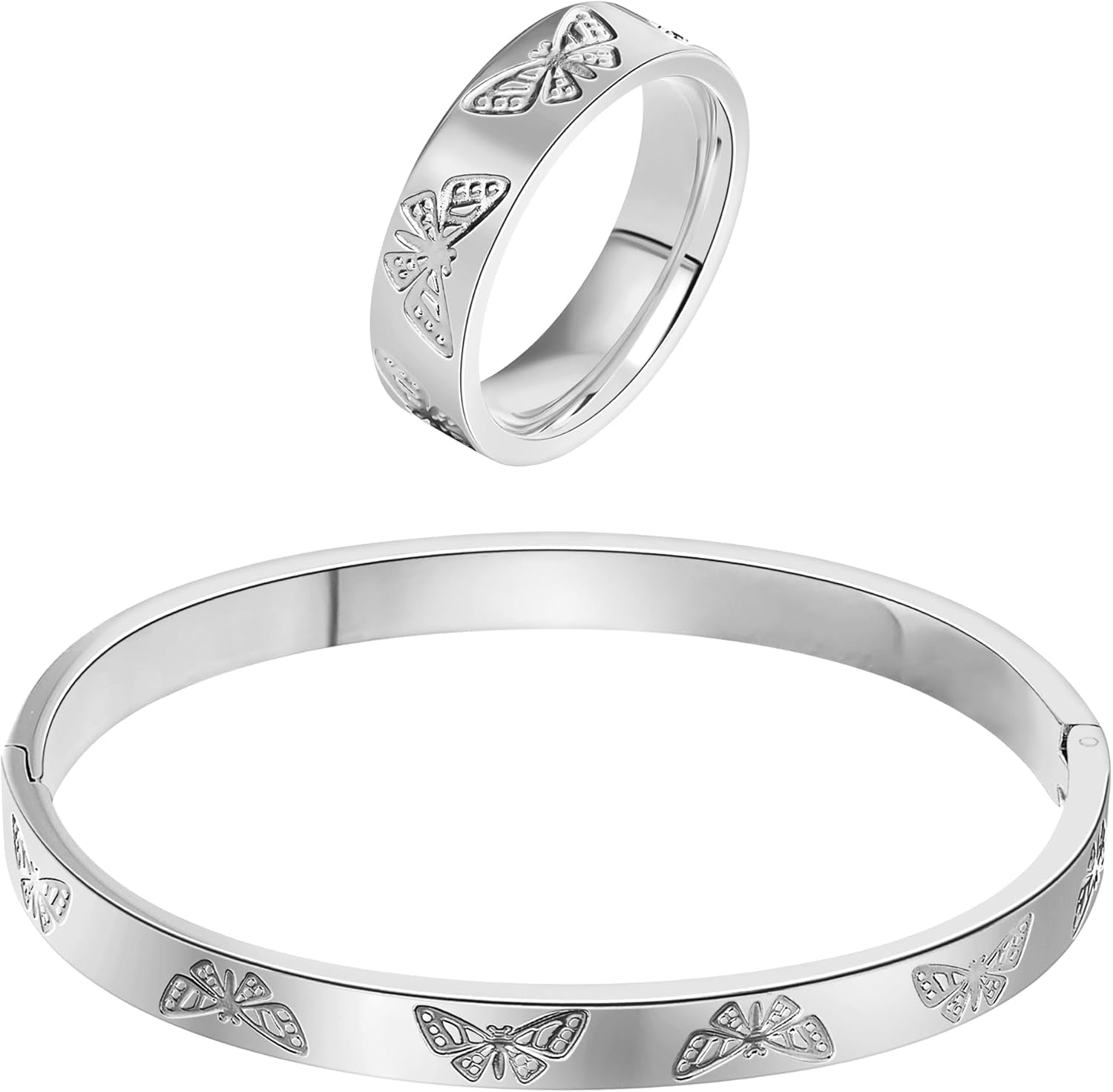 Gold Silver Butterfly Clover Bracelet Ring Set, Stainless Steel Cuff Bangle Jewelry Dainty Love Design for Women Wedding Birthday Gift