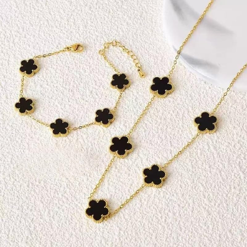 Clover Necklace and Bracelet Set for Women, 14K Gold Plated Green Clover Flower Pendant Chain, Adjustable Length, Elegant and Dainty, Perfect for Gifts, Parties, Dating, or Daily Wear.