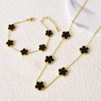 Clover Necklace and Bracelet Set for Women, 14K Gold Plated Green Clover Flower Pendant Chain, Adjustable Length, Elegant and Dainty, Perfect for Gifts, Parties, Dating, or Daily Wear.