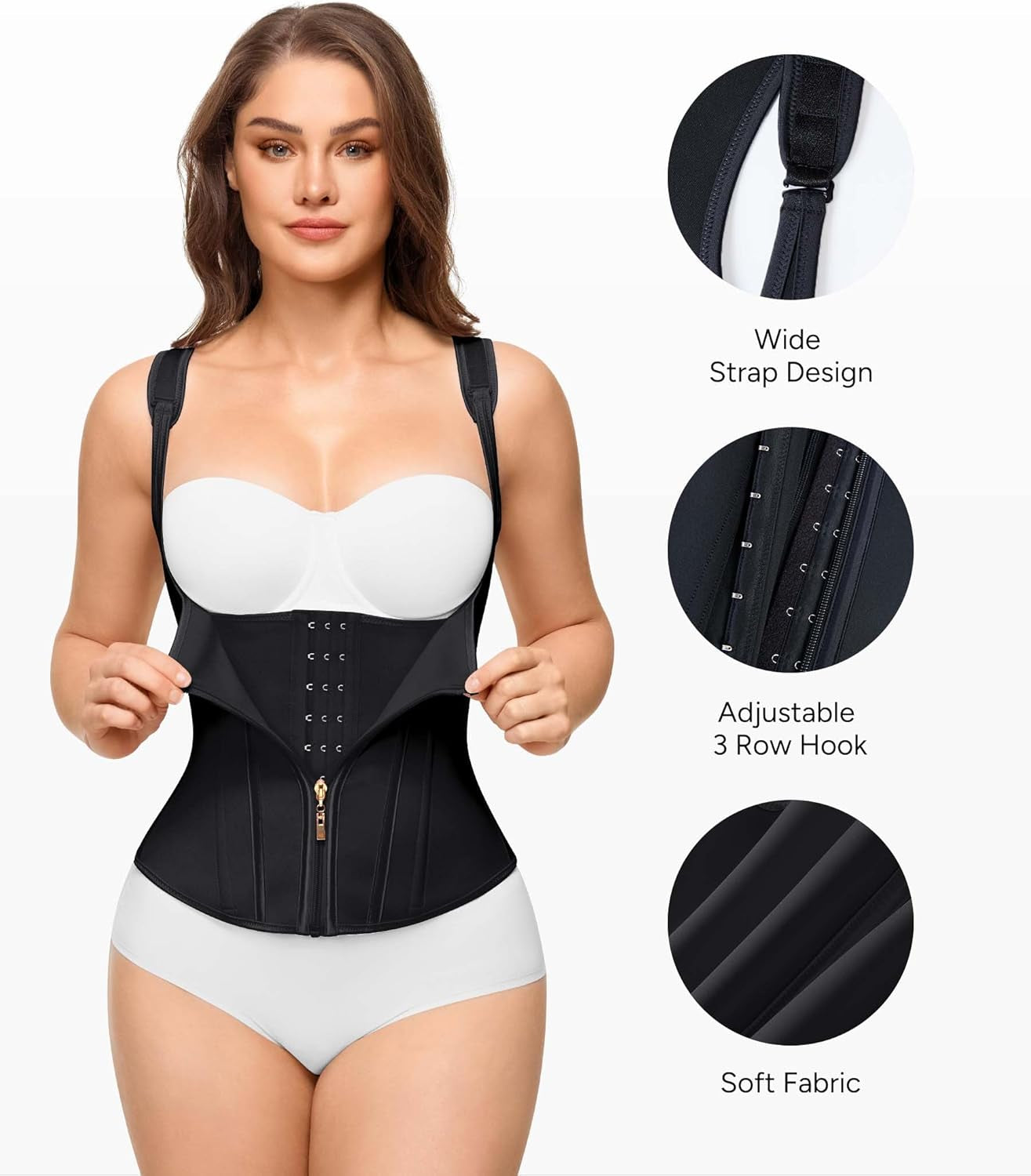 Waist trainer with wide strap and zipper closure