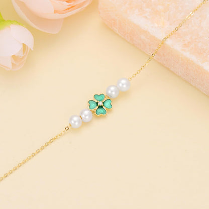 SISGEM 14K Gold Pearl Four Clover Bracelet and Earrings for Women, Lucky Jewekry Gifts for Her