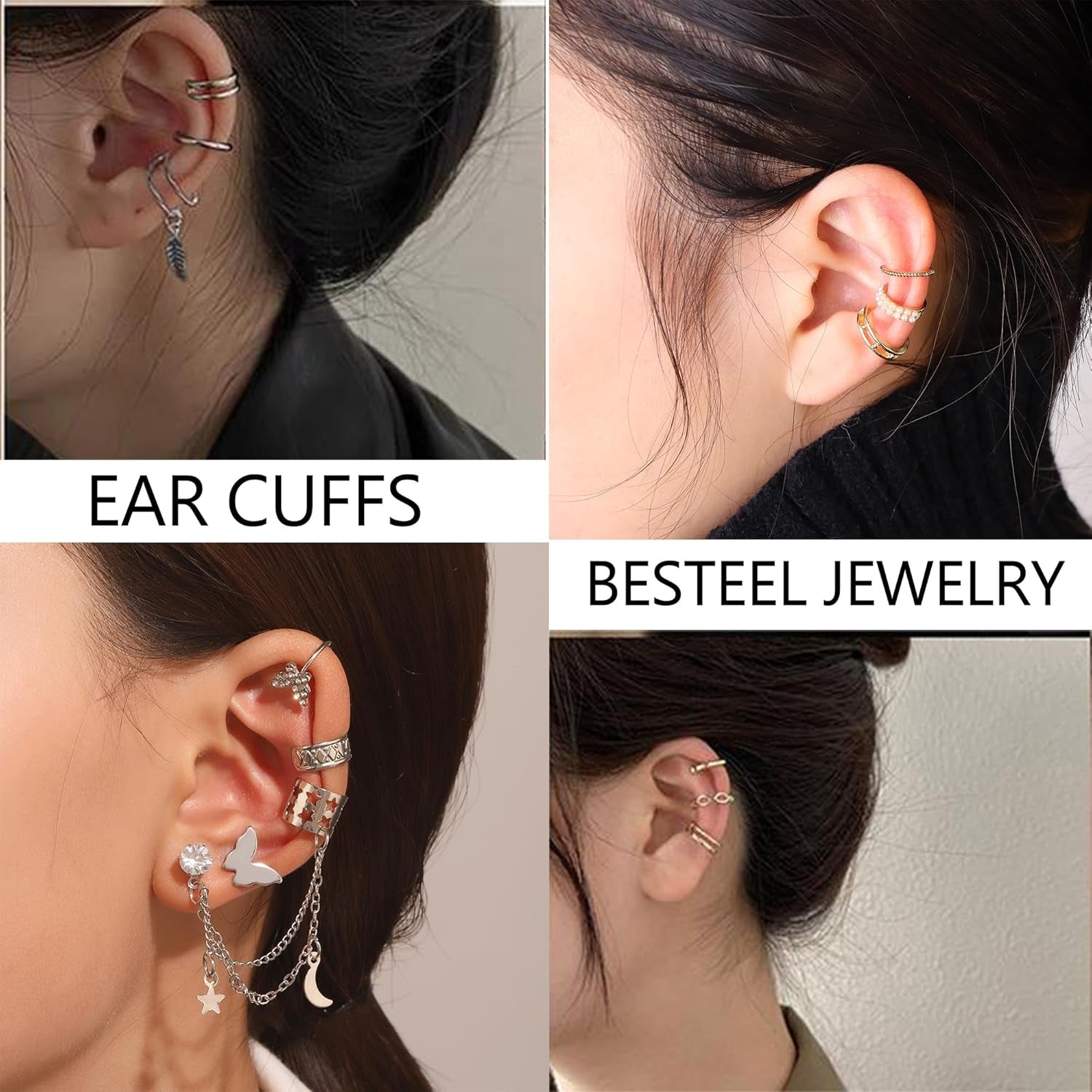 BESTEEL 66 Pcs Ear Cuff Earrings for Women Non Piercing,Hypoallergenic Silver Plated Clip on Fake Earrings for Sensitive Ears,Ear Wrap Earrings for Helix Cartilage,Cz Star Butterfly Ear Cuffs Non Piercing