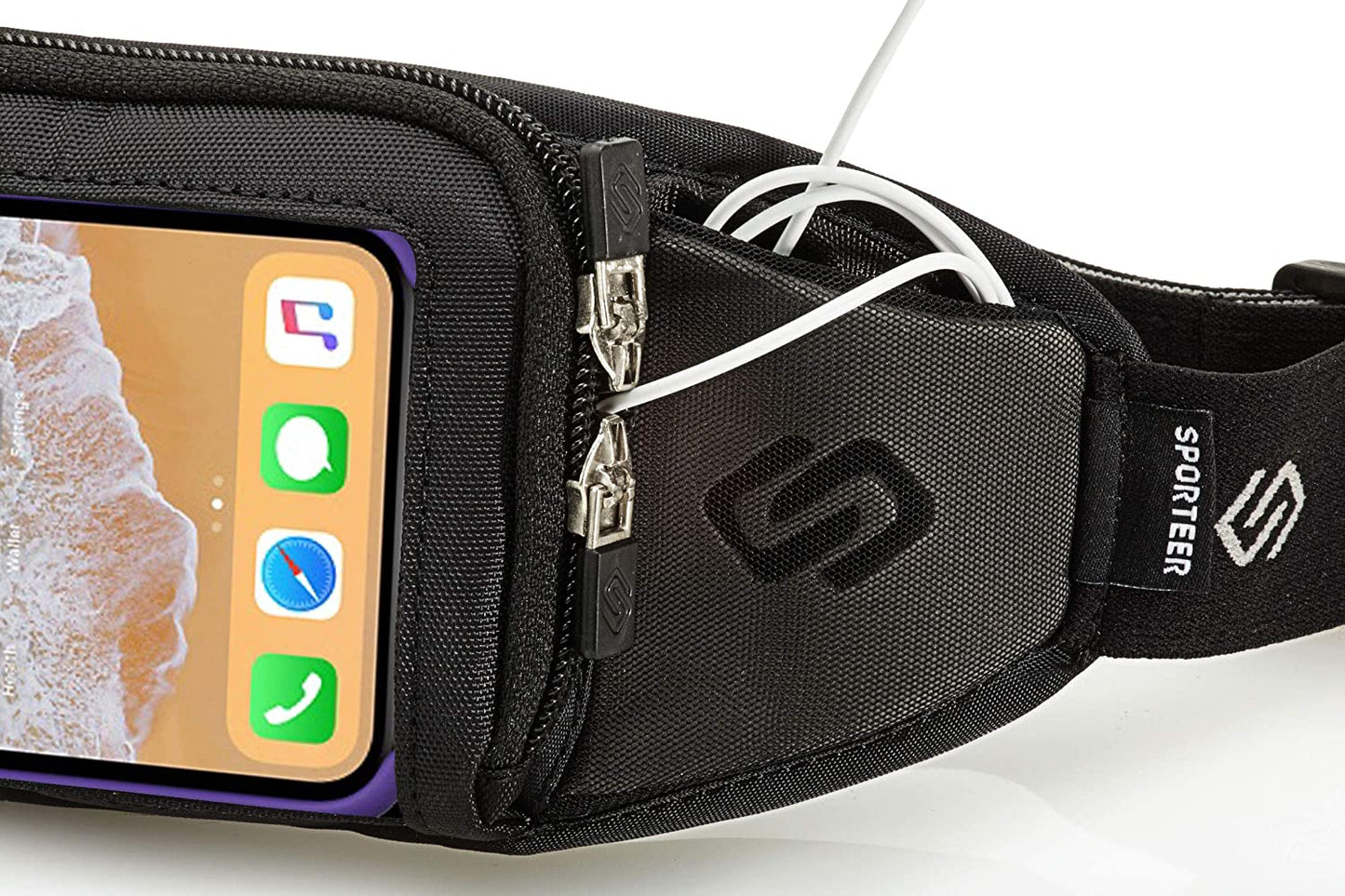 Full view of black running belt with phone holder for fitness