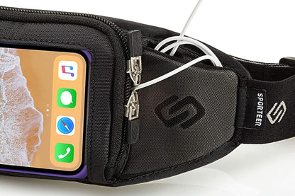 Full view of black running belt with phone holder for fitness
