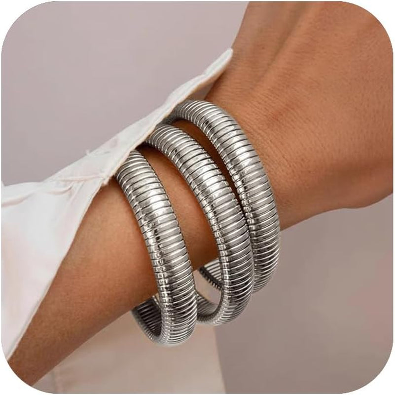 18K gold plated chunky bangle bracelets styled on wrist