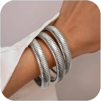 18K gold plated chunky bangle bracelets styled on wrist