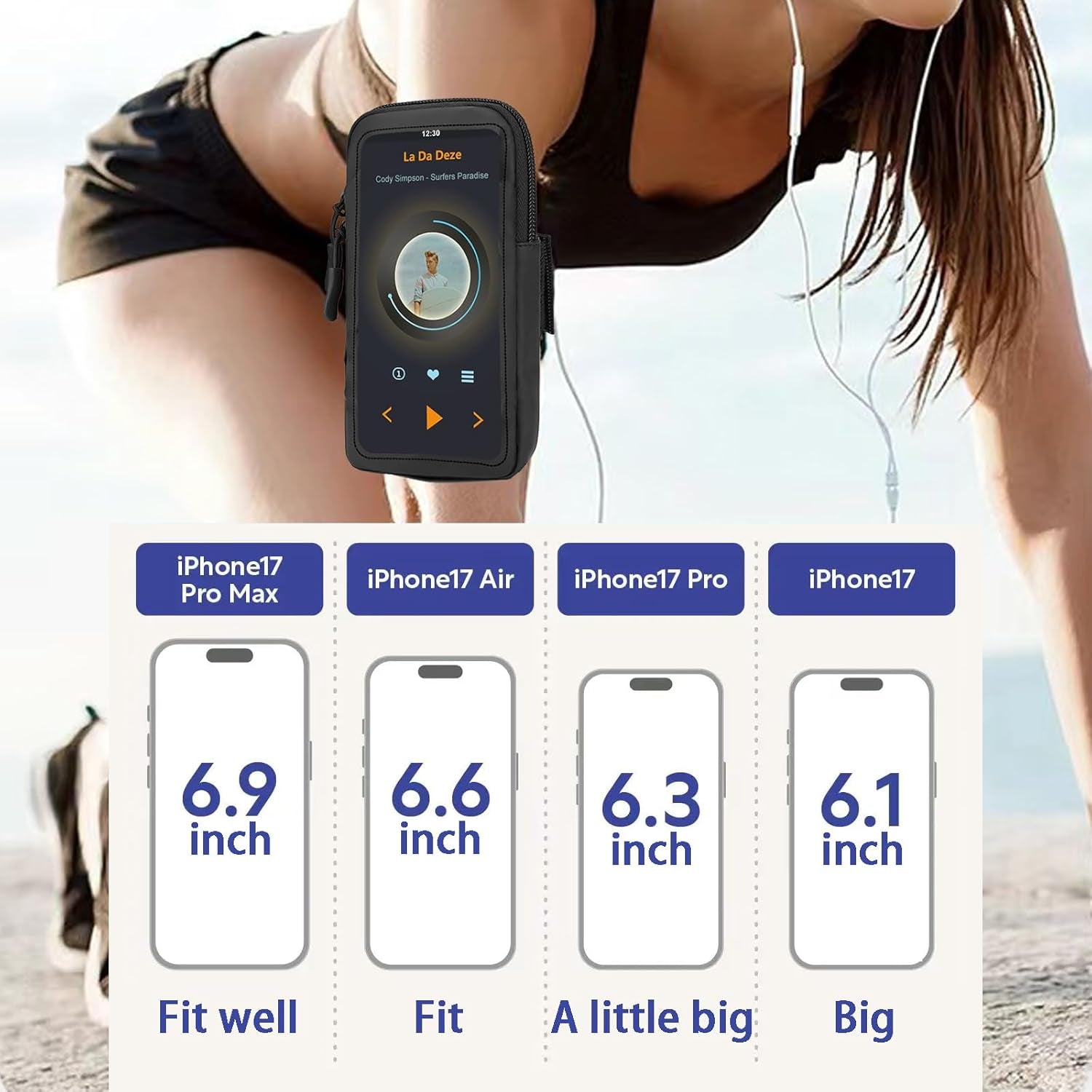 Adjustable arm band phone holder showing size flexibility