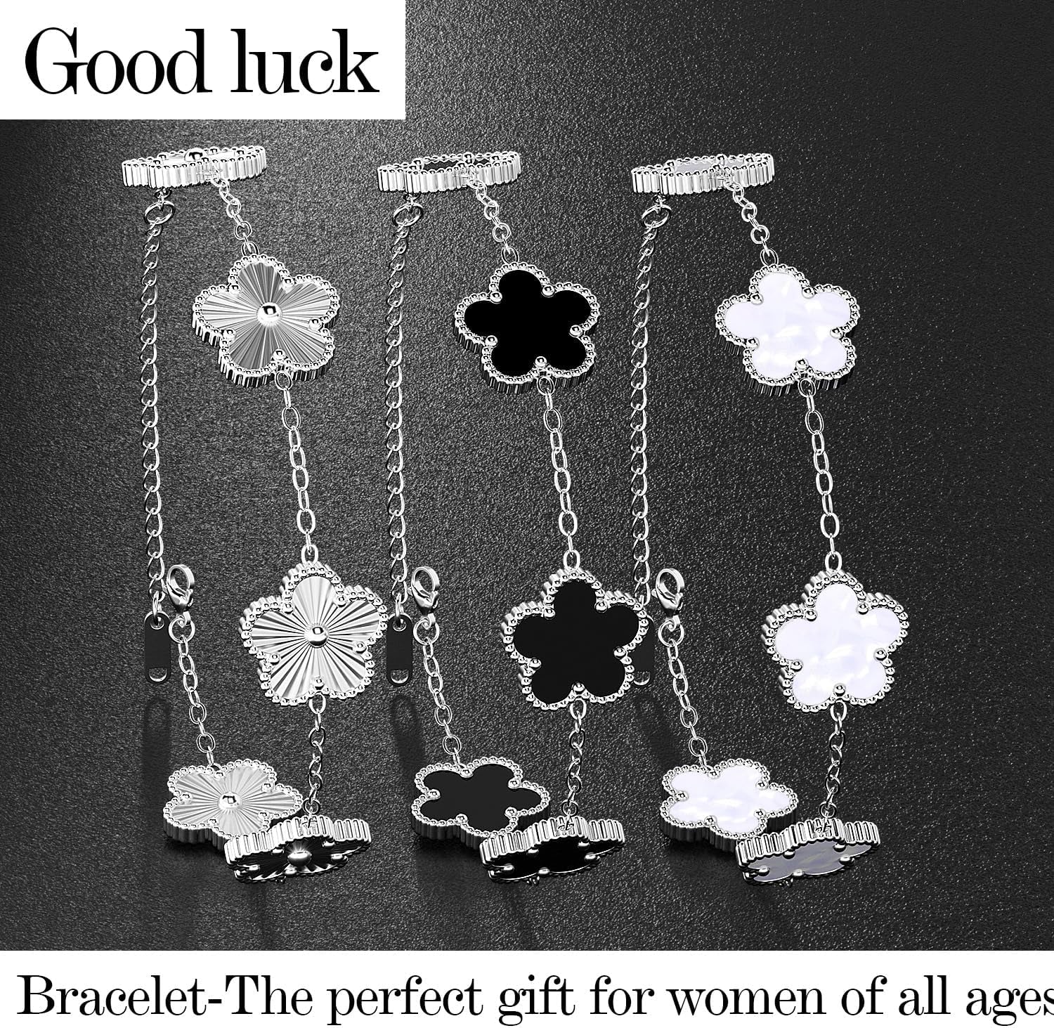 Aicase 18K Gold Plated Clover Bracelet Dupes White/Black/Silver Bracelet Set for Women Flower Leaf Lucky Clover Bracelets Trendy Jewelry Birthday Gifts for Women/Mom/Daughter/Nana/Besties/Friends
