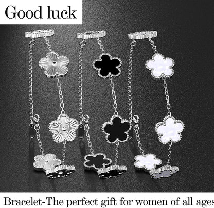Aicase 18K Gold Plated Clover Bracelet Dupes White/Black/Silver Bracelet Set for Women Flower Leaf Lucky Clover Bracelets Trendy Jewelry Birthday Gifts for Women/Mom/Daughter/Nana/Besties/Friends