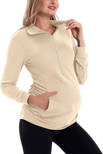 GINKANA Maternity Women'S Long Sleeve Shirt Half Zipper Lapel Lightweight Casual Maternity Pullover with Pockets