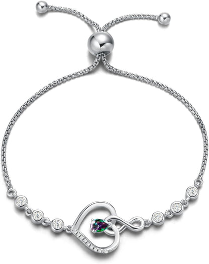 AGVANA Christmas Gifts Heart Birthstone Bracelets for Women Sterling Silver Genuine or Created Gemstone Tennis Bracelet Infinity Love Jewelry Anniversary Birthday Gifts for Wife Mom Women
