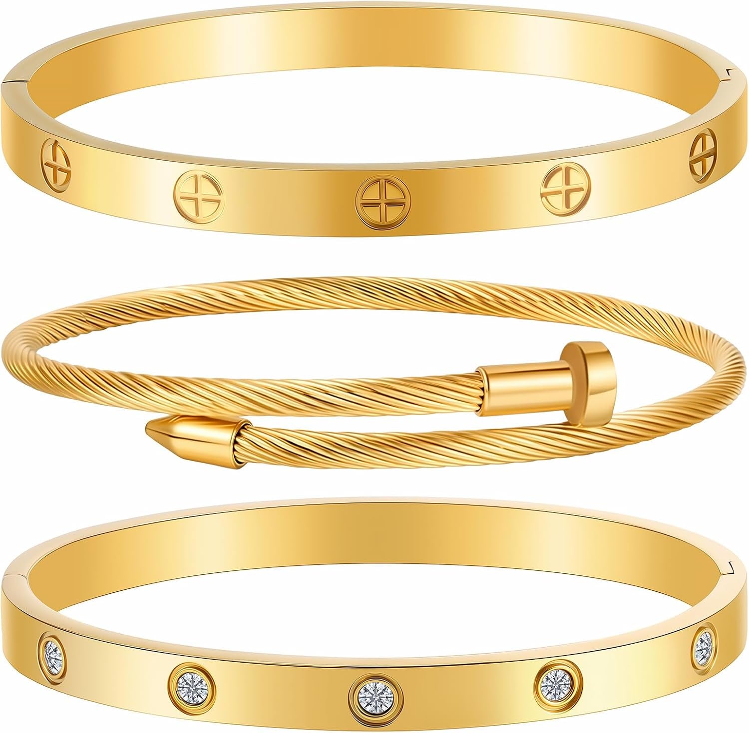 Gold Bracelets for Women - Stackable Bangles with Love & Friendship Theme - Stainless Steel Jewelry Gift for Her