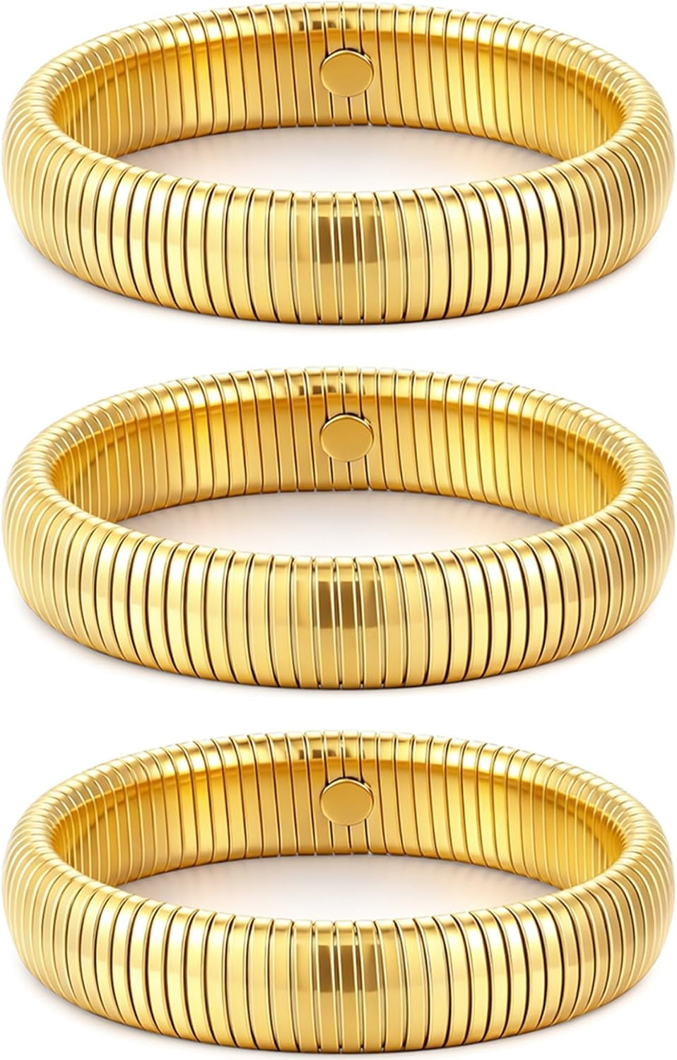Gold plated chunky bangles demonstrating flexibility and fit