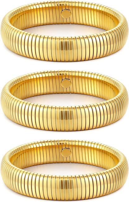 Gold plated chunky bangles demonstrating flexibility and fit