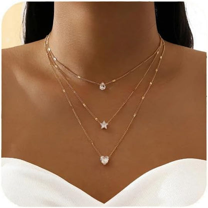 Gold Charm Necklace for Women Star Pearl Charms Pendant Neckalces Dainty 14K Gold Plated Summer Beach Ocean Jewelry Gifts