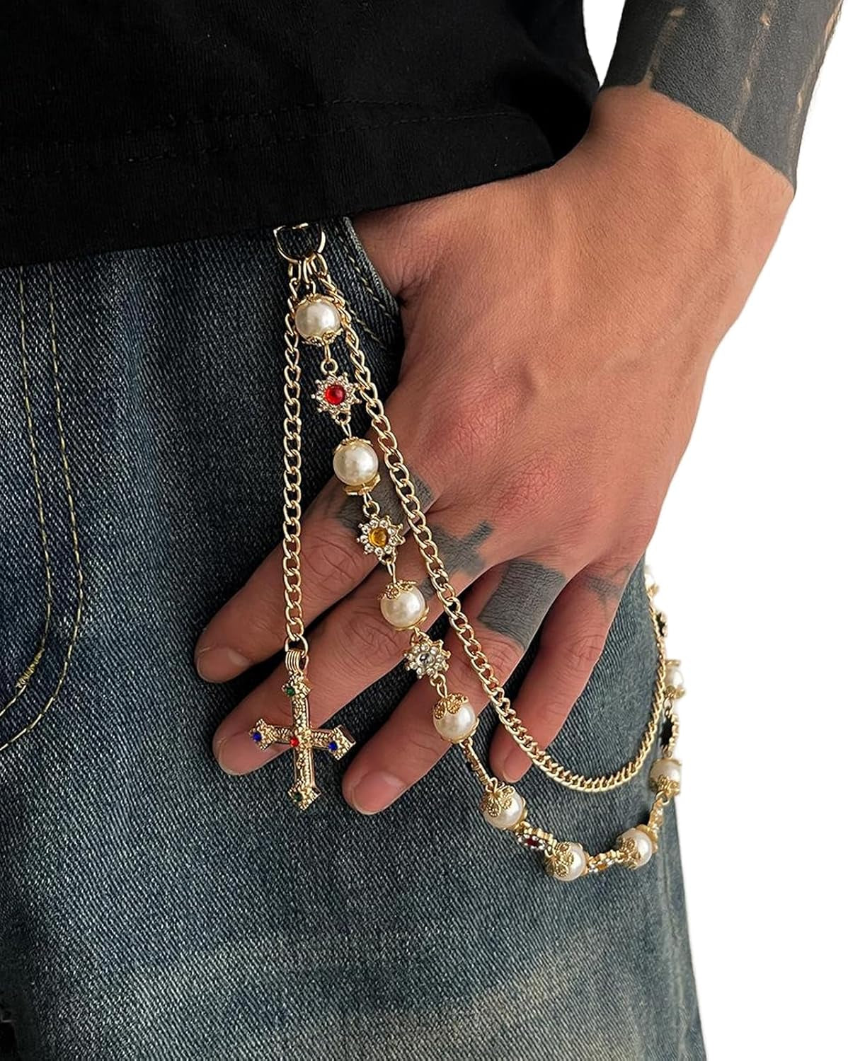 Rhinestone Waist Body Chain Jewelry Pearl Waist Belt Goth Cross Pendant Pants Chain Hip-Hop Jean Trouser Keychains Jewelry for Men Women
