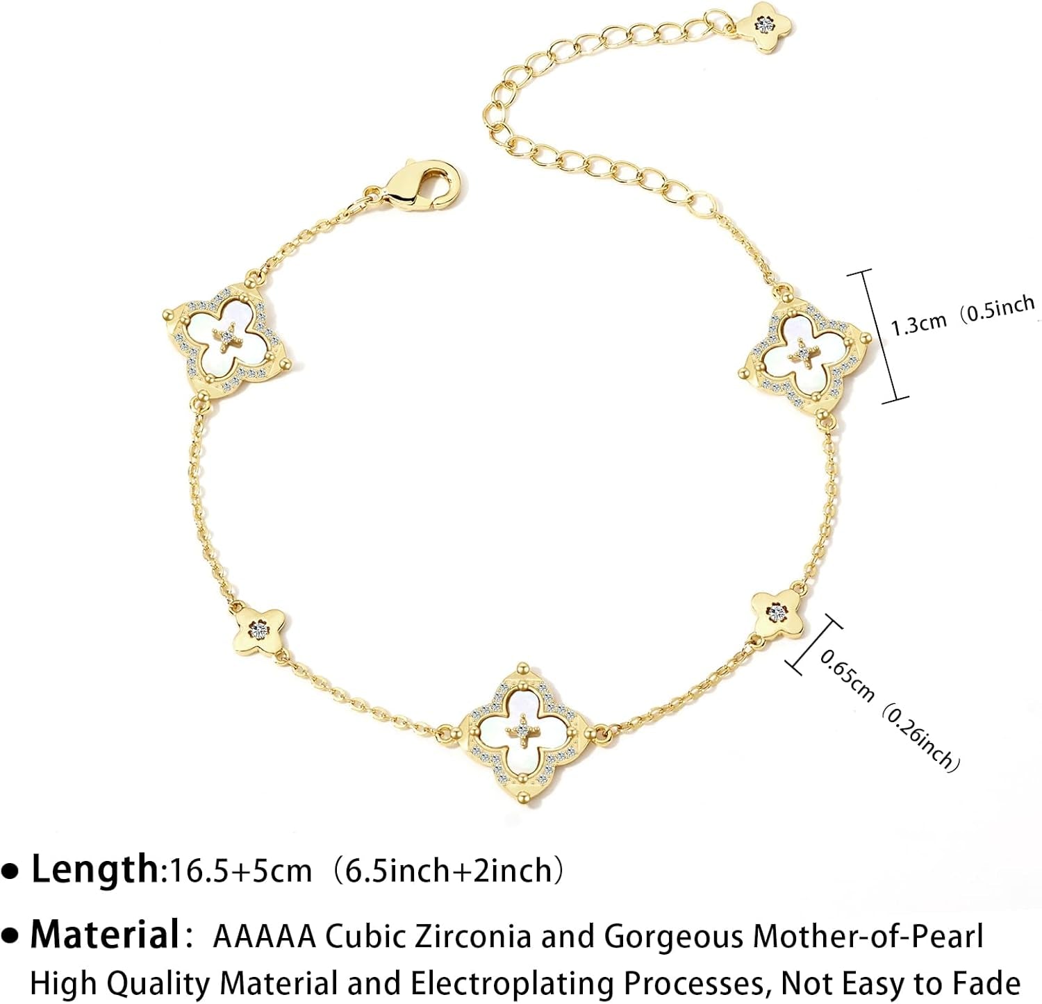 FEEL STYLE Clover Bracelet for Women - 14K Gold/Silver Plated Charm Bracelet with Mother of Pearl & Cubic Zirconia - Lucky Four Leaf Jewelry Gift Adjustable 6.5"+2" Extender