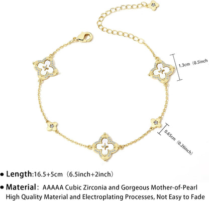 FEEL STYLE Clover Bracelet for Women - 14K Gold/Silver Plated Charm Bracelet with Mother of Pearl & Cubic Zirconia - Lucky Four Leaf Jewelry Gift Adjustable 6.5"+2" Extender