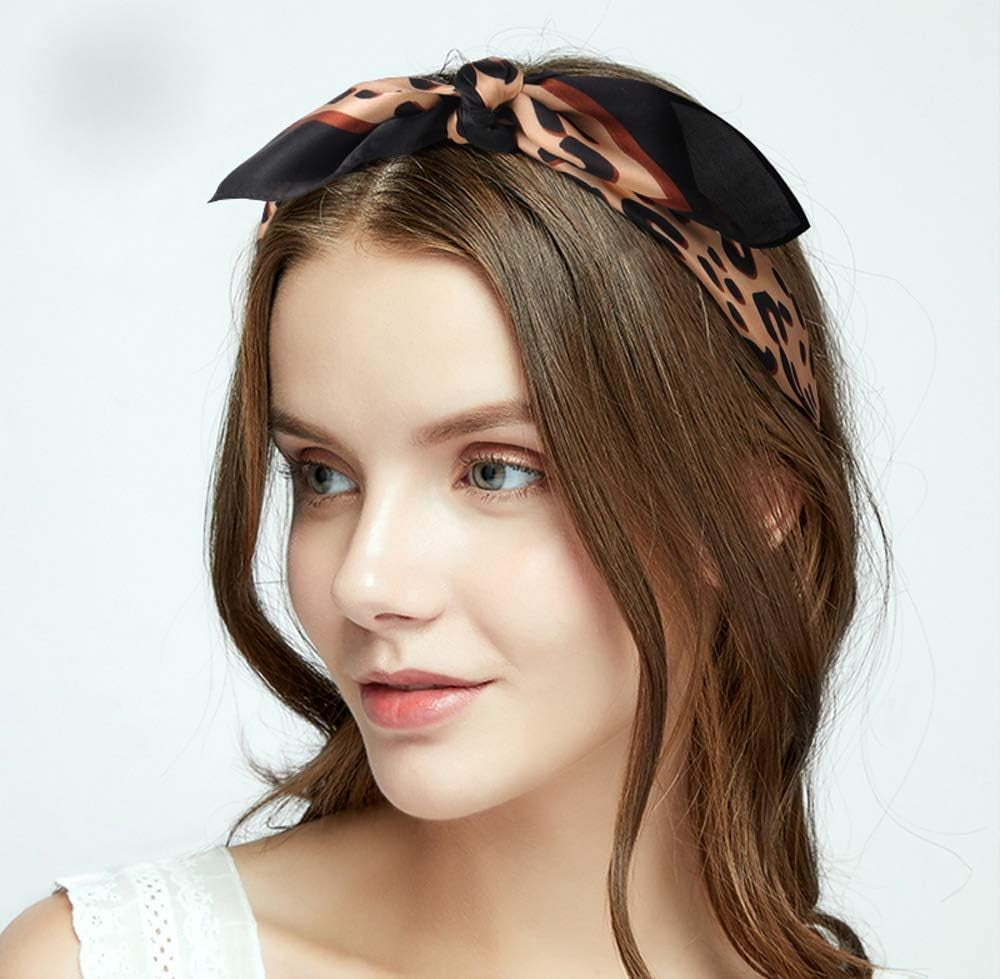 GERINLY Silk Hair Scarf Animal Print Leopard Neck Scarf Summer Neckerchief for Women Bag Purse Accessory